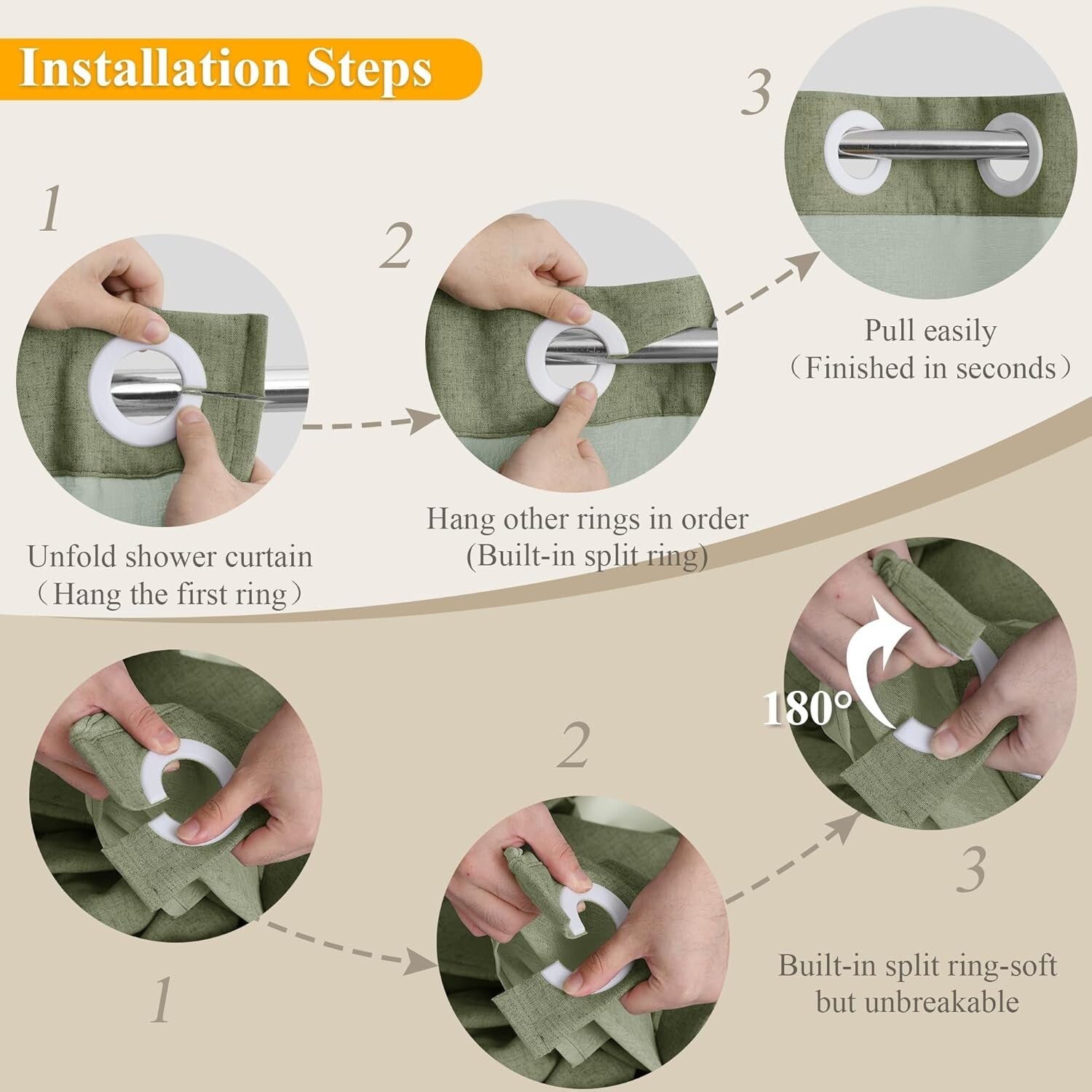 Chic Sage Green Shower Curtain 72x75 - No Hooks, Water-Repellent with Snap Liner