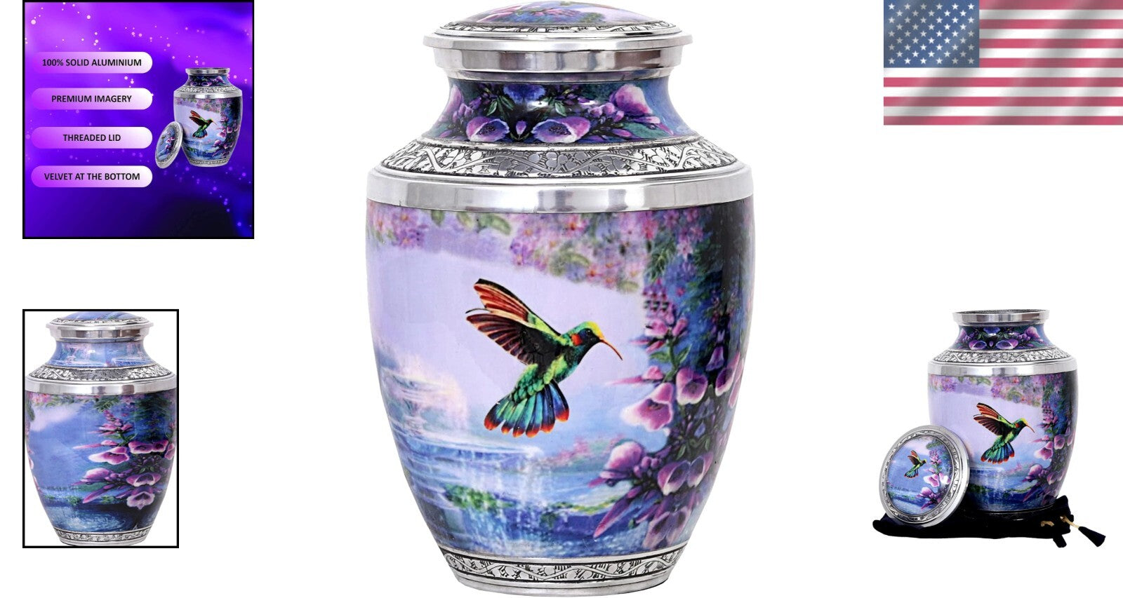 Polished Aluminium Hummingbird Urn for Ashes - 200 lbs Capacity, Hinged Design