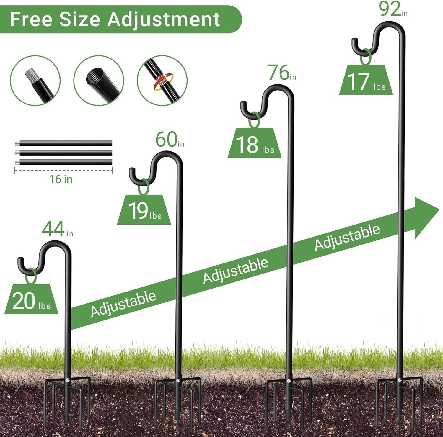 Durable 92-Inch Shepherd's Hooks - Adjustable Height Garden Holders, 2 Pack