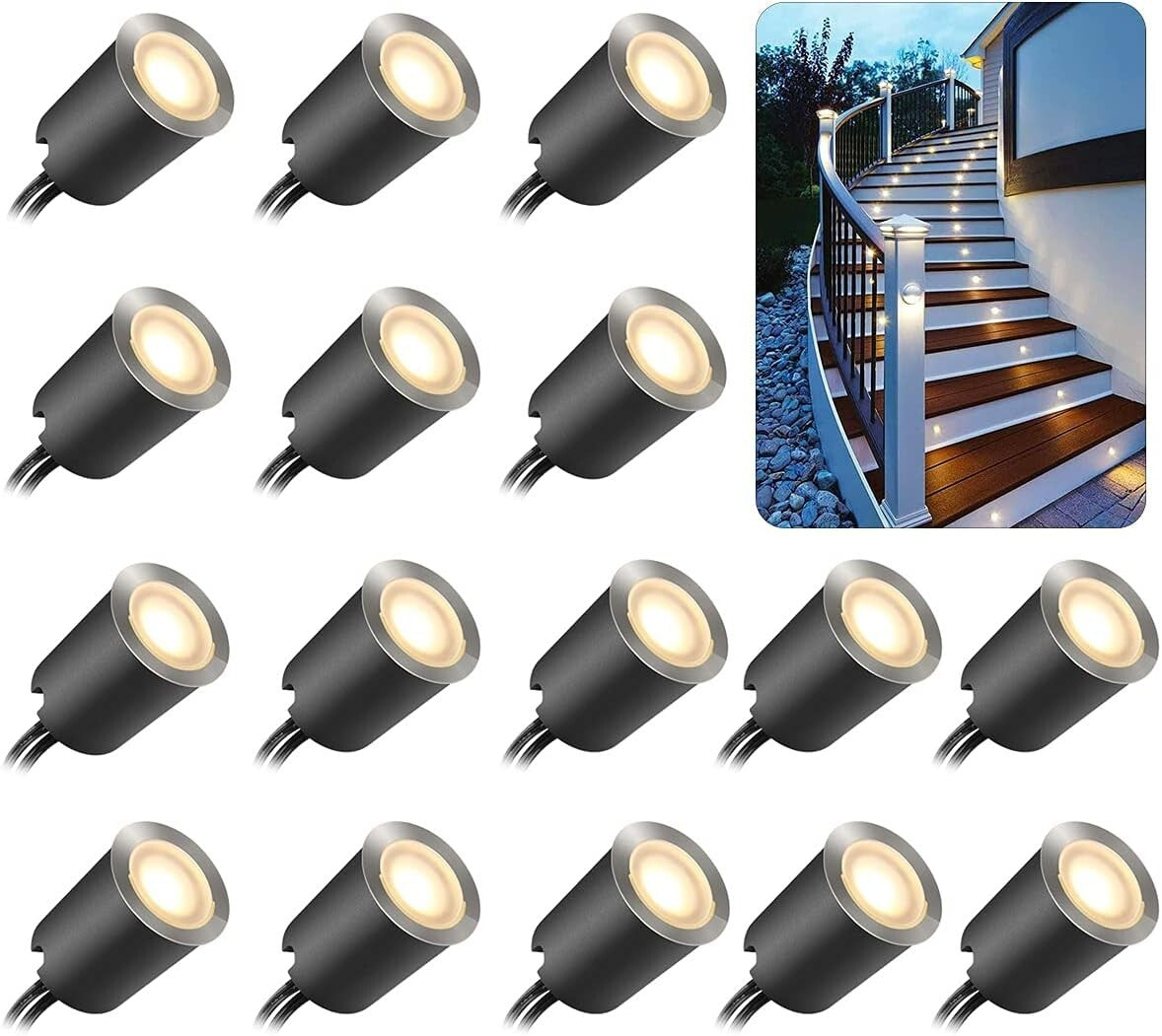 Durable LED Deck Lighting Kit - 16 Warm White Lights with Black Protective Shell