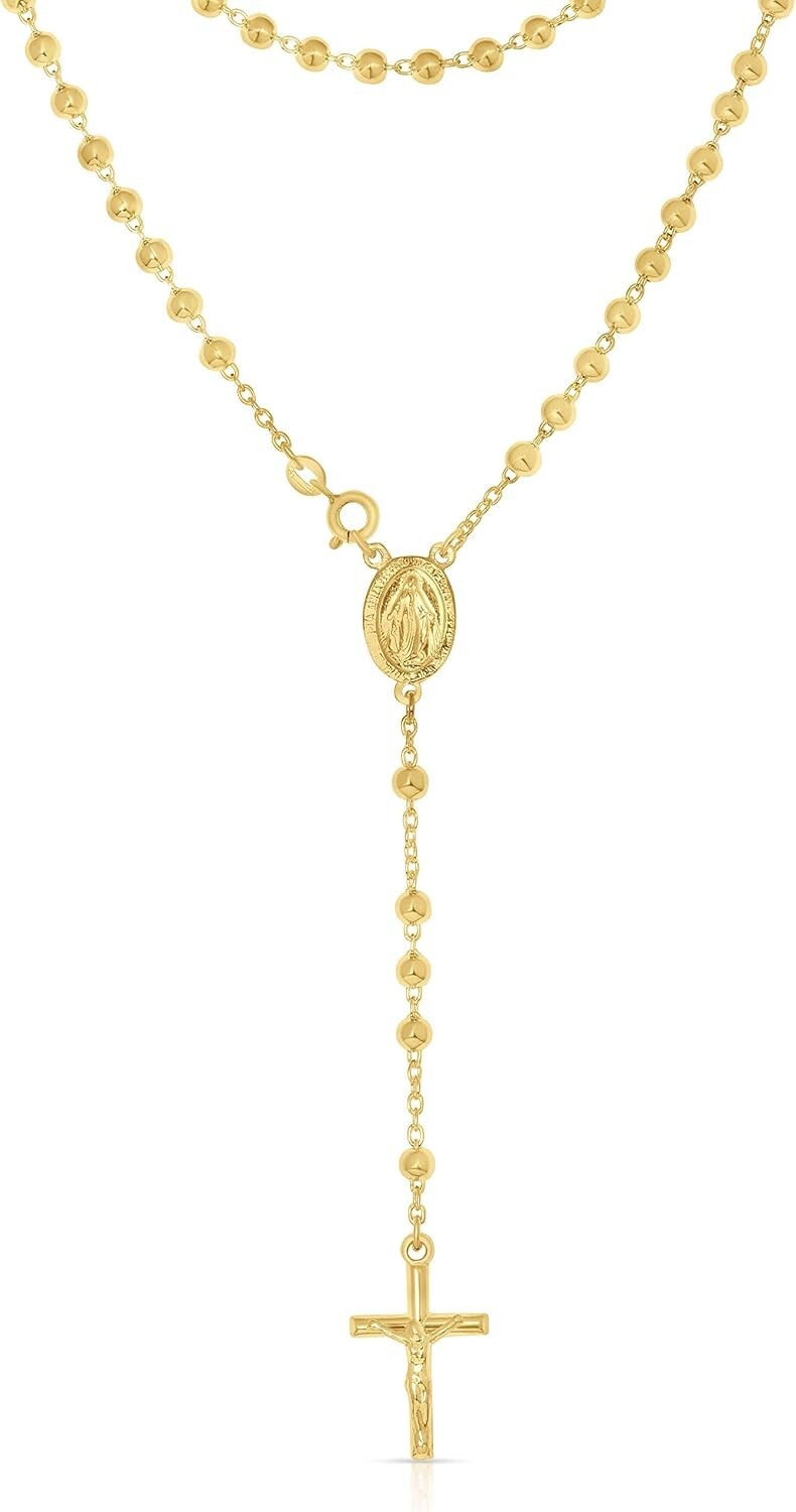 Lightweight Unisex Sterling Silver Rosary Charm Necklace - Gold Plated Finish