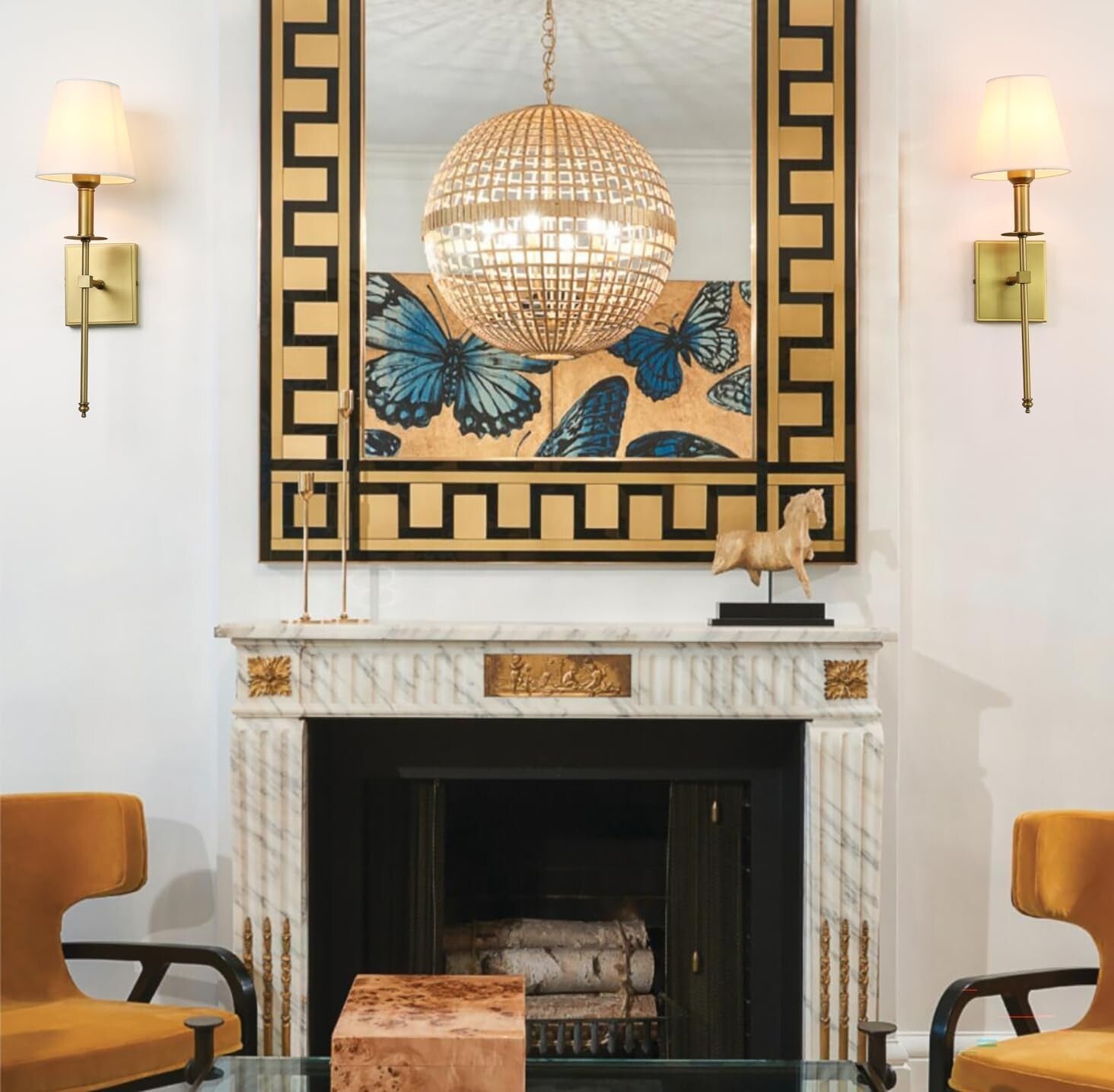 Classic Brass and White Fabric Wall Sconce Set for Living and Dining Rooms