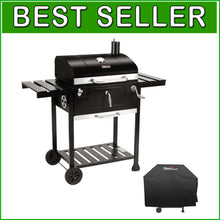 Load image into Gallery viewer, Height-Adjustable 24-Inch Charcoal Grill with Built-in Thermometer &amp; Side Tables