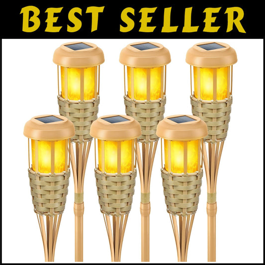 6 Pack Solar Outdoor Torch Lights with Flickering Flame - Adjustable Height