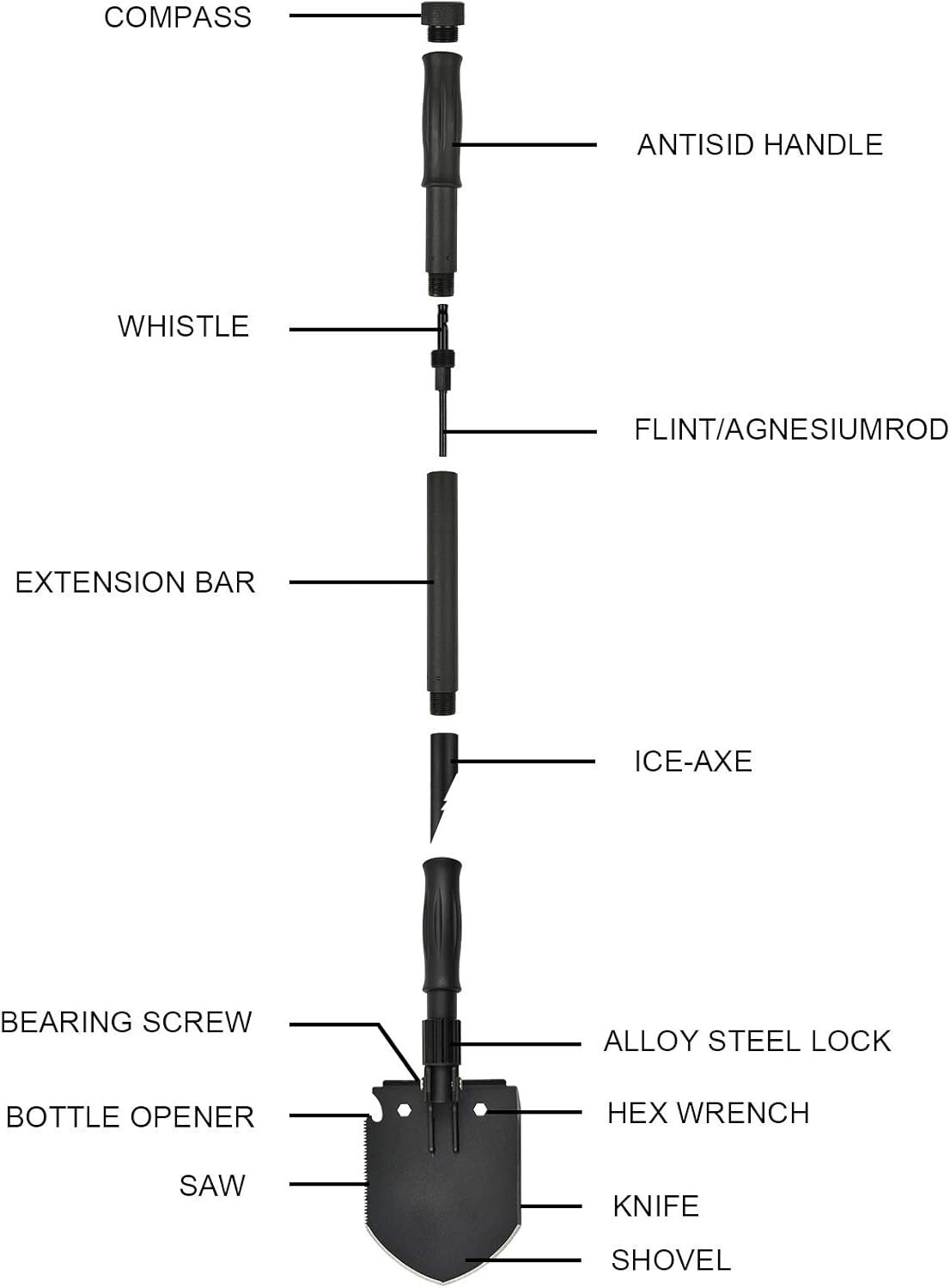 28.3'' Folding Survival Shovel with Multifunctional Tools for Outdoor Adventures