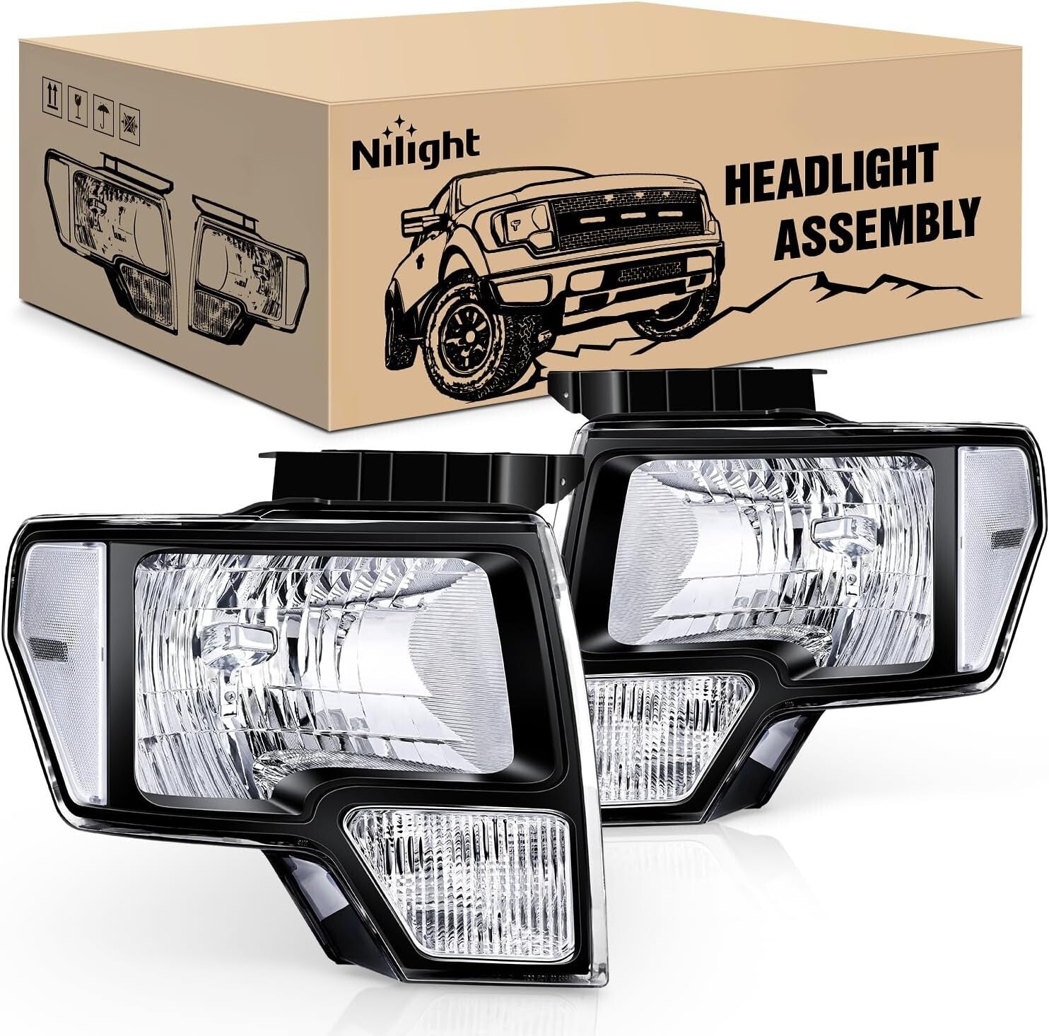 Black Housing Clear Lens Headlight Replacement for 2009-2014 F150 Truck 2-Pack