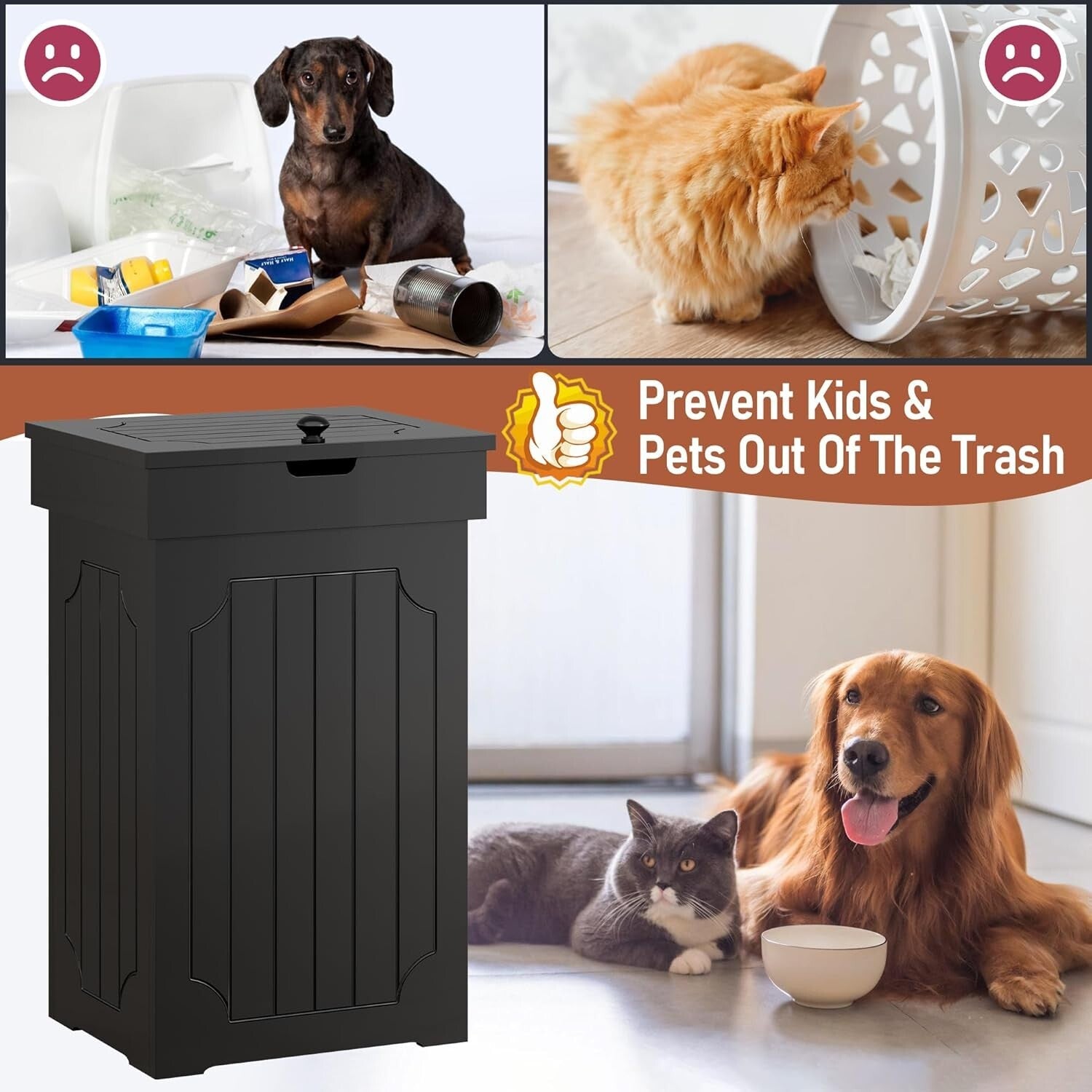 Eco-Friendly 13-Gallon Wooden Dog-Proof Trash Can for Modern Kitchens