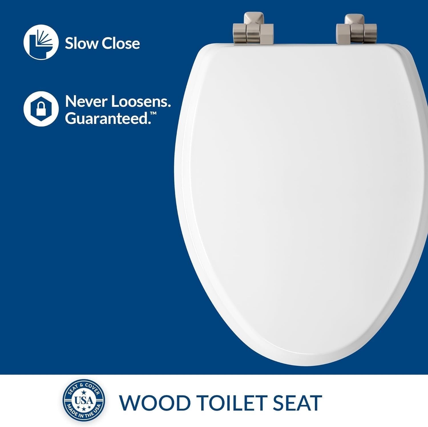 Durable Bennett Toilet Seat: Brushed Nickel Hinges, Elongated, Soft Close Design