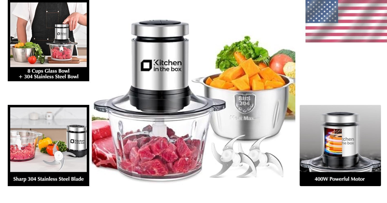 400W Electric Food Processor: Meat Grinder & Vegetable Chopper with 8-Cup Bowls