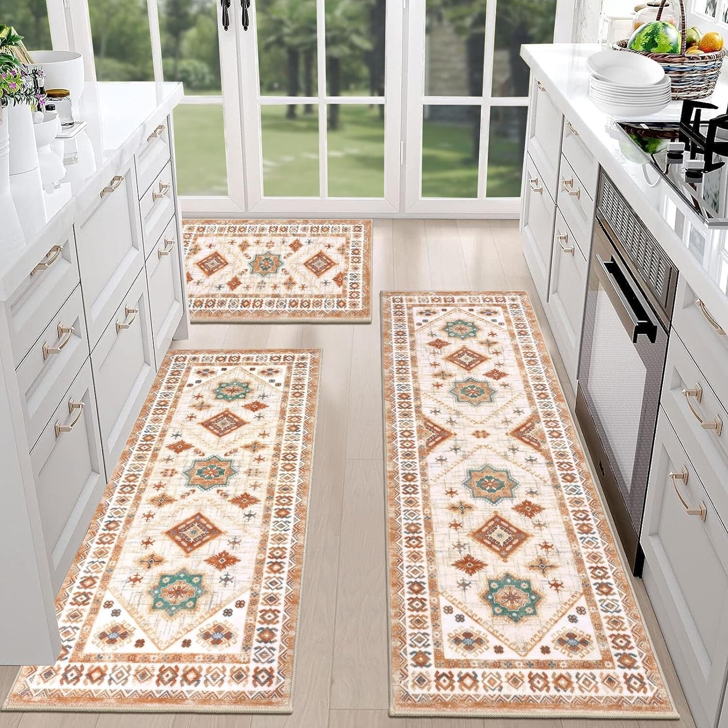 Durable & Washable 3-Piece Kitchen Rug Set with Runner - Elegant Floral Design