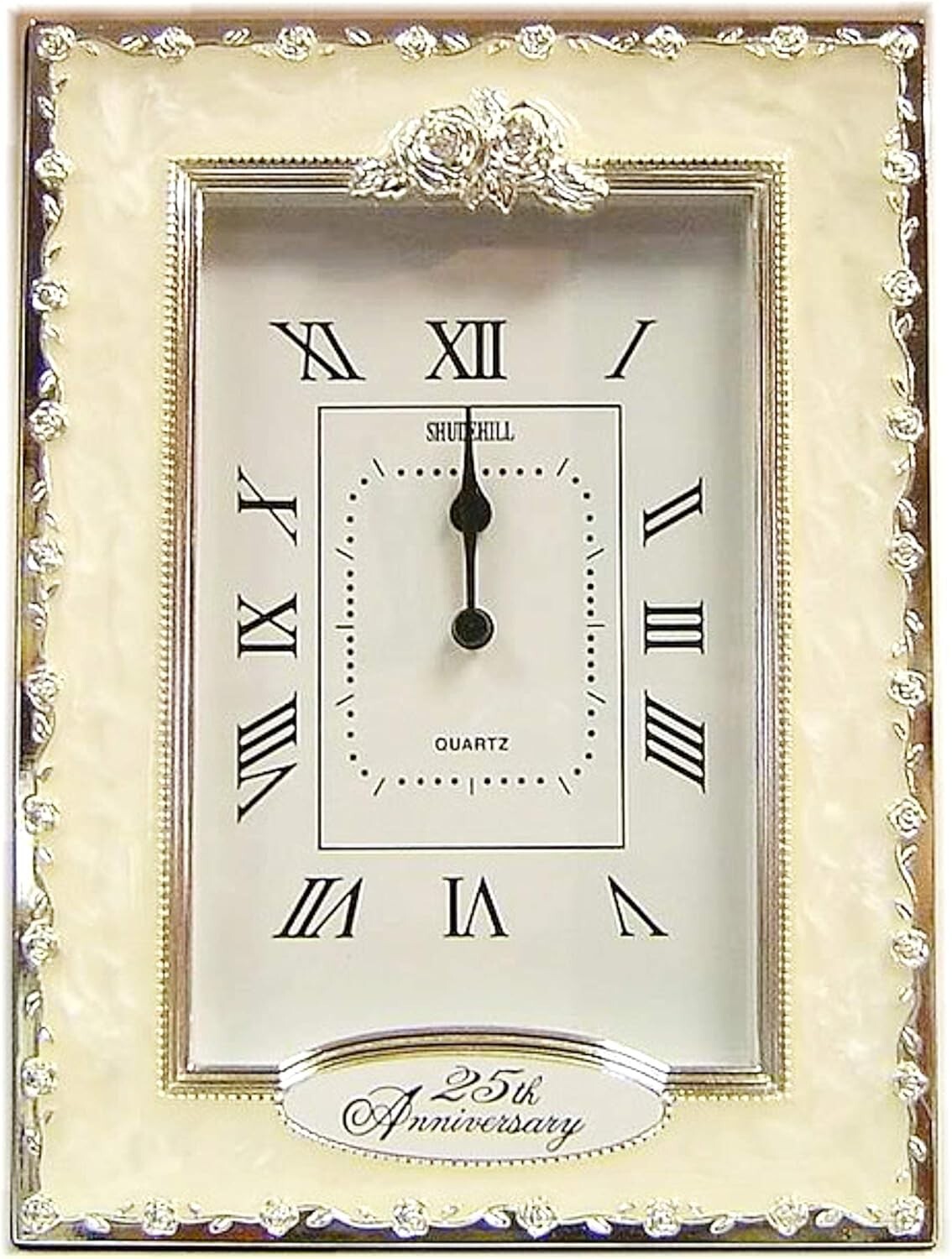 Beautiful Free-Standing 25th Anniversary Quartz Clock - Silver Floral Design