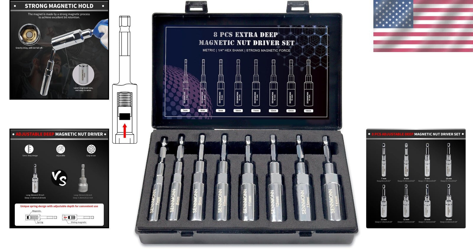 8 PCS Adjustable Deep Magnetic Nut Driver Set for Impact Drill - Metric Sizes