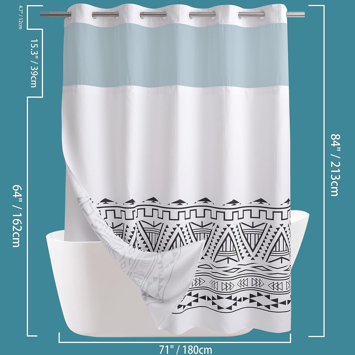 Boho Waffle Weave Shower Curtain with Snap-in Liner - Waterproof & Stylish 71x84