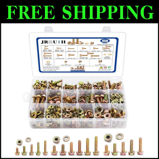 Complete 450PC Flanged Hex Head Bolt Set - Zinc Plated M6, M8, M10 Fasteners