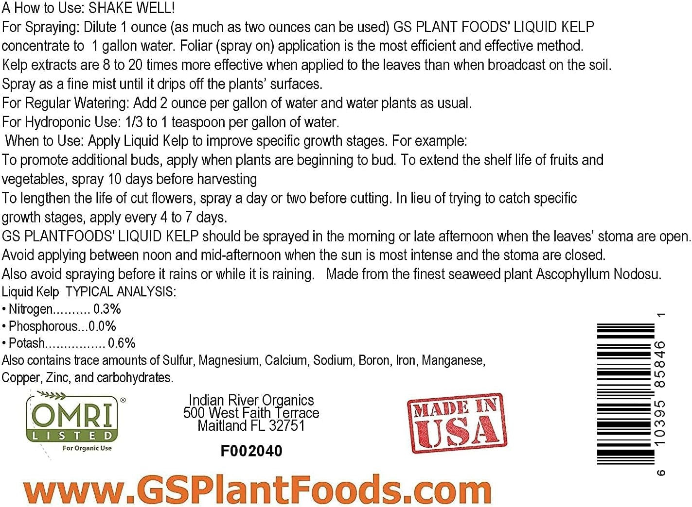 Natural Seaweed Fertilizer - 1 Gallon Kelp Concentrate for Optimal Plant Growth