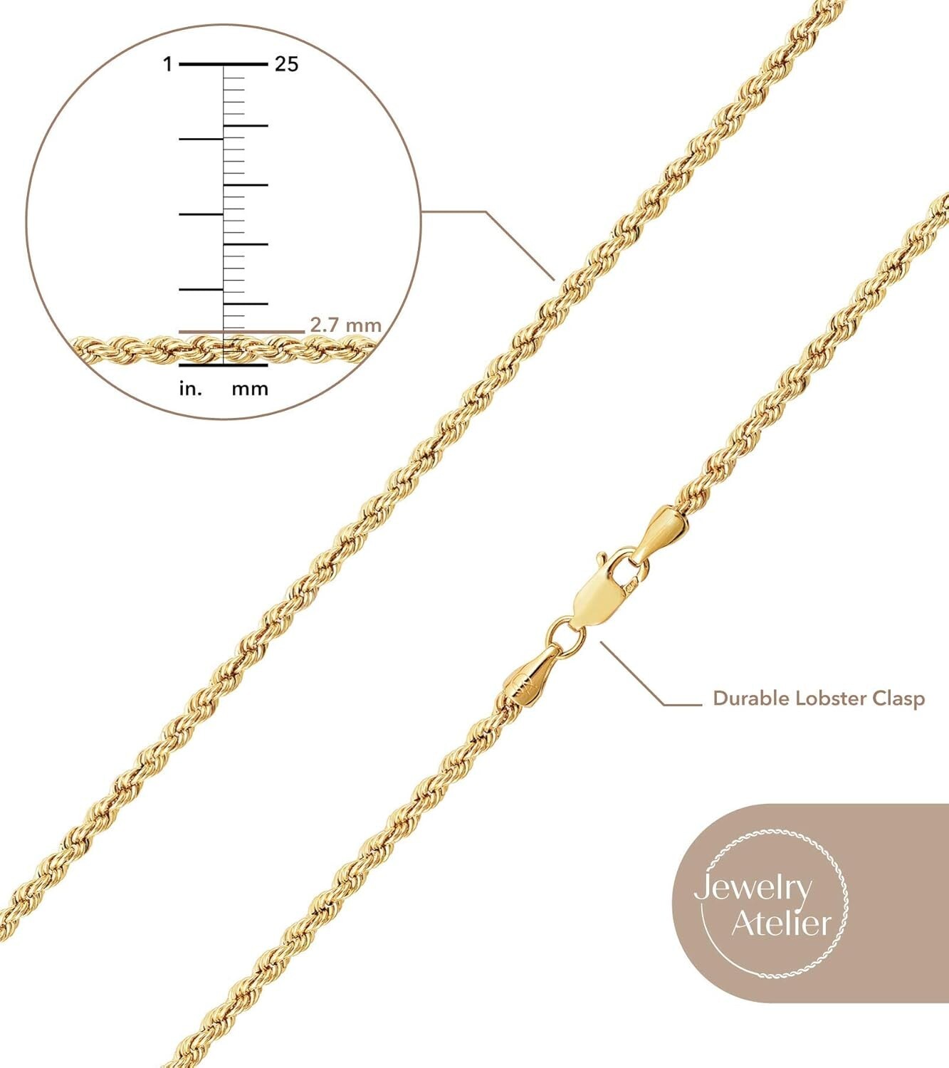Elegant 14K Gold Filled Rope Chain Necklace - Sizes 2.1mm, 2.7mm, 3.8mm