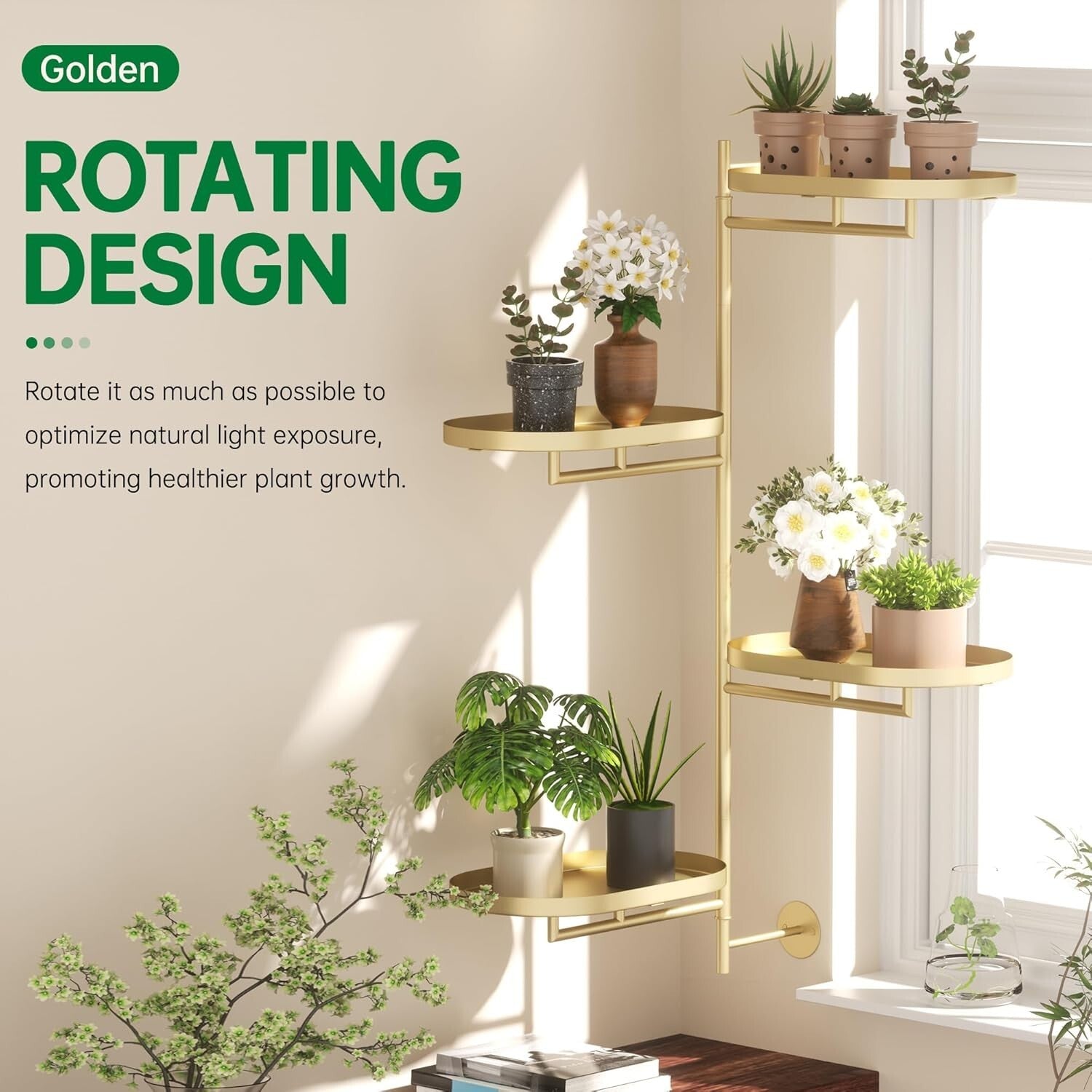 Rotating 4-Tier Wall-Mounted Plant Stand - Elegant Golden Shelf for Indoor Use