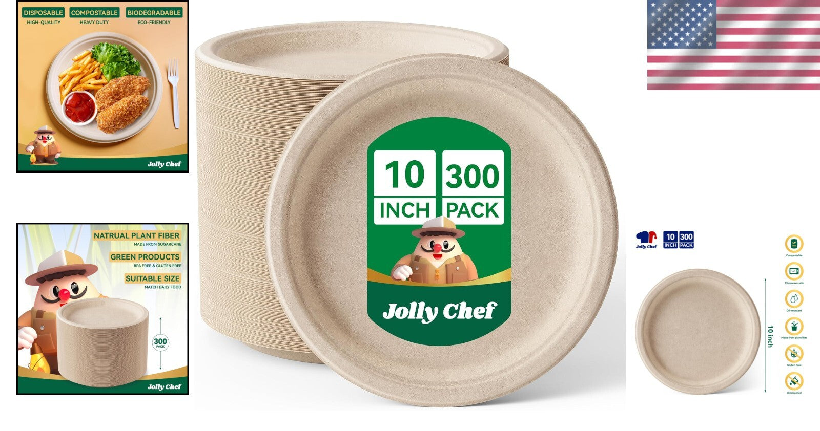 Durable Compostable Disposable Plates – 300 Count 10” Eco-Friendly Dinner Plates