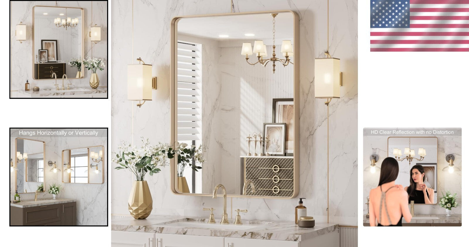 Stylish 20”x30” Gold Frame Wall Mirror - Ideal for Bathroom or Living Spaces