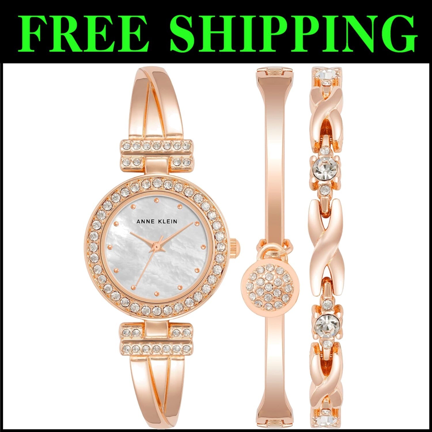 Women's Luxury Rose Gold Crystal Bangle Watch & 2 Bracelet Set - Elegant Gift