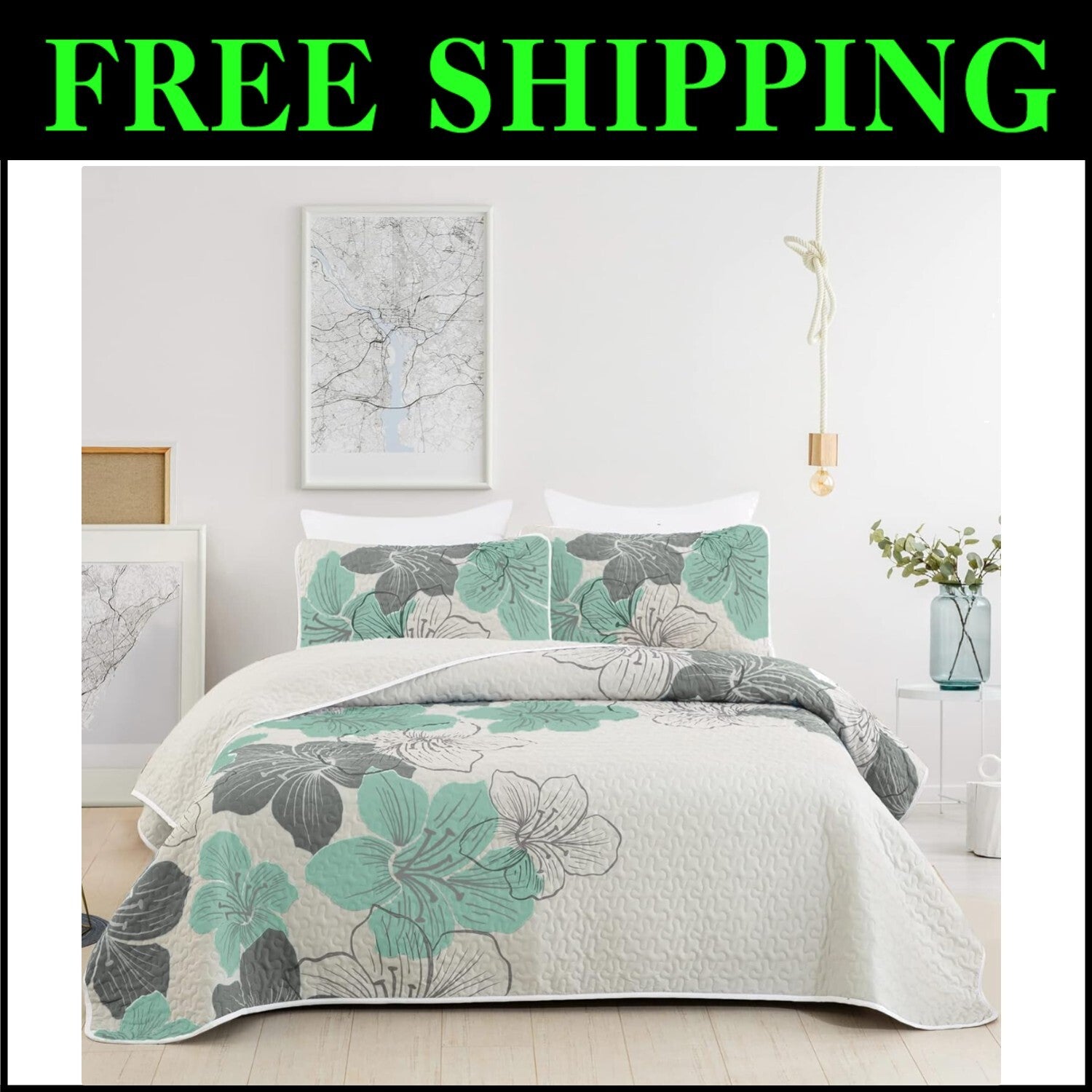 Floral Pattern King Quilt Set - Elegant Soft Microfiber Bedspread for Bedrooms