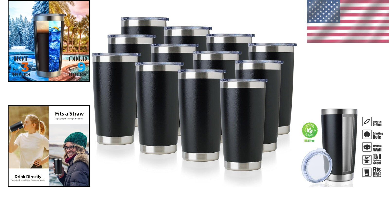 Double Wall Insulated 20oz Travel Mugs - 12 Stainless Steel Tumblers in Black