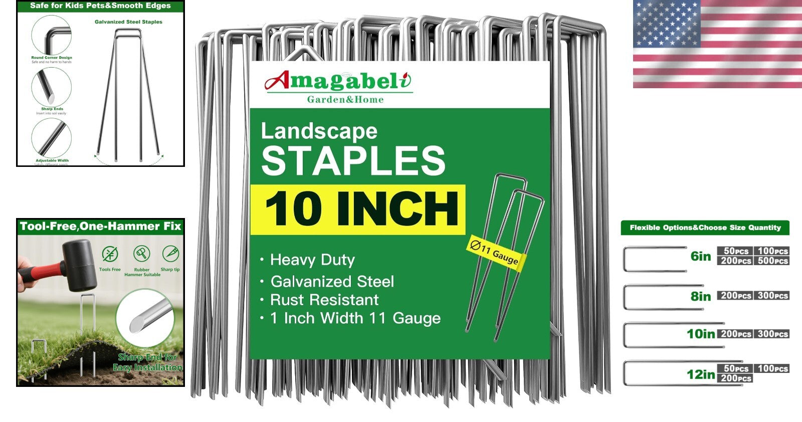 200 Pack 10-Inch Heavy-Duty Galvanized Landscape Staples for Garden & Fabric