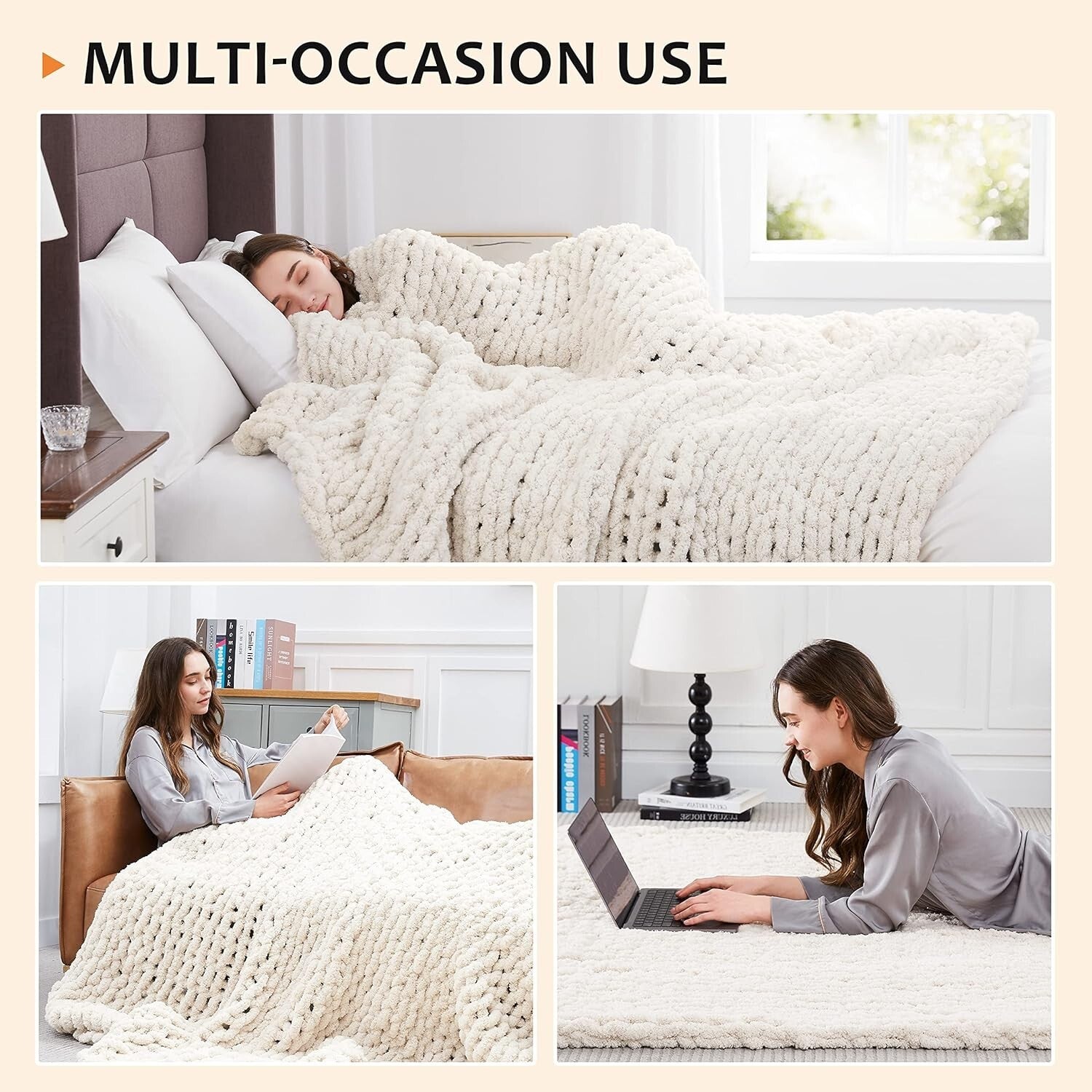 Breathable and Soft Chunky Knit Chenille Throw Blanket - Elegant Ivory 80''x90''