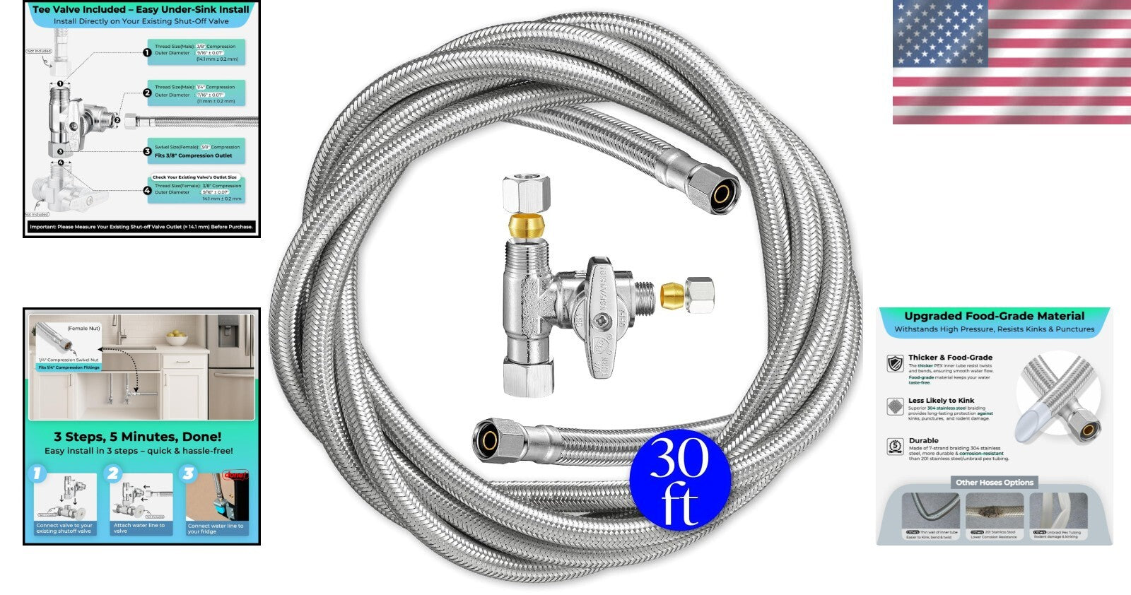 Effortless Installation Ice Maker Water Line Kit - 30' Stainless Steel Solution