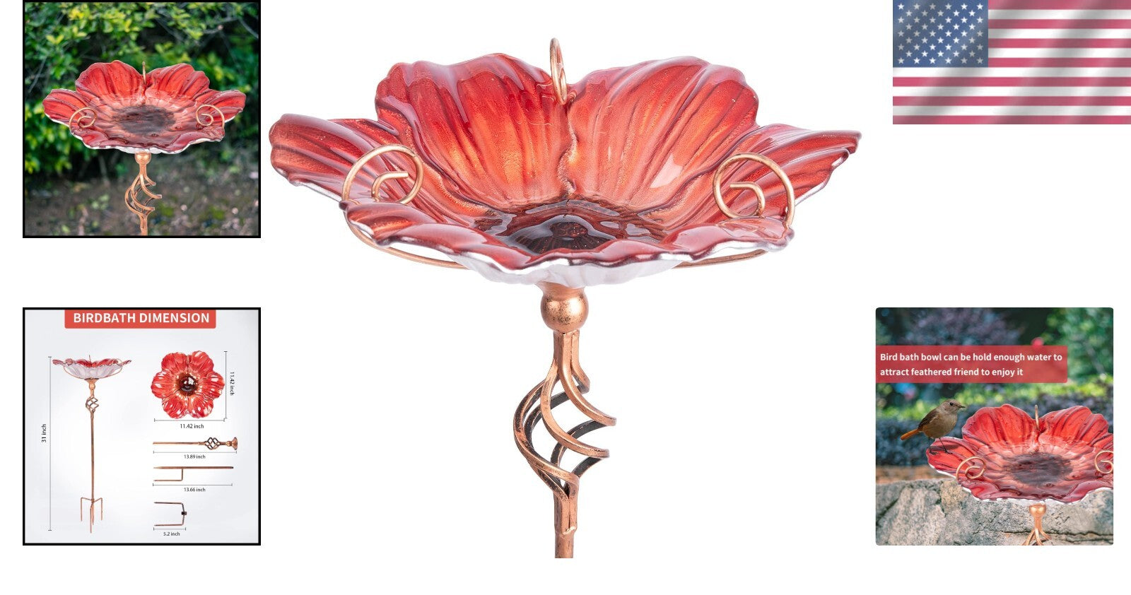 Elegant 31-Inch Birdbath Feeder in Vibrant Red Glass - Perfect for Garden Spaces