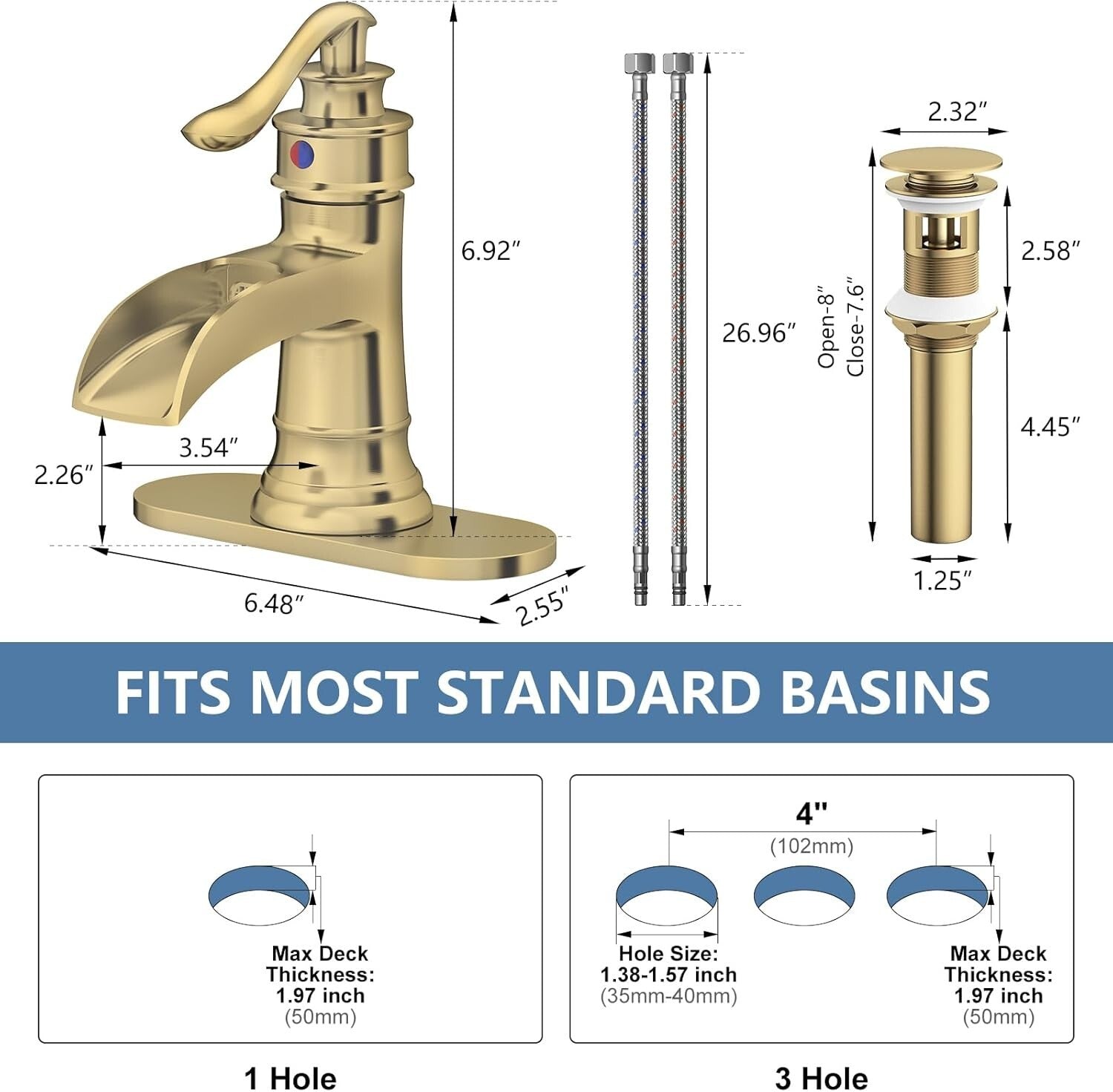 Brushed Gold Waterfall Sink Faucet - Durable Brass, Single Handle, All-Inclusive