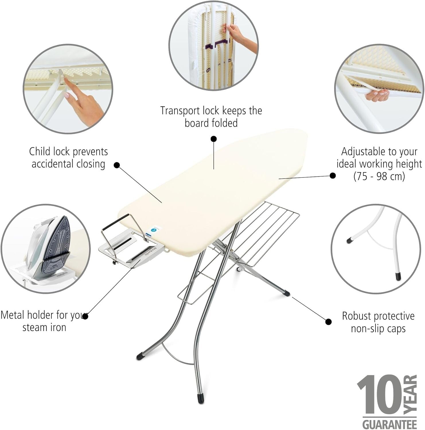Efficient Ironing Board with 7 Height Options & Child Safety Locks - Ecru