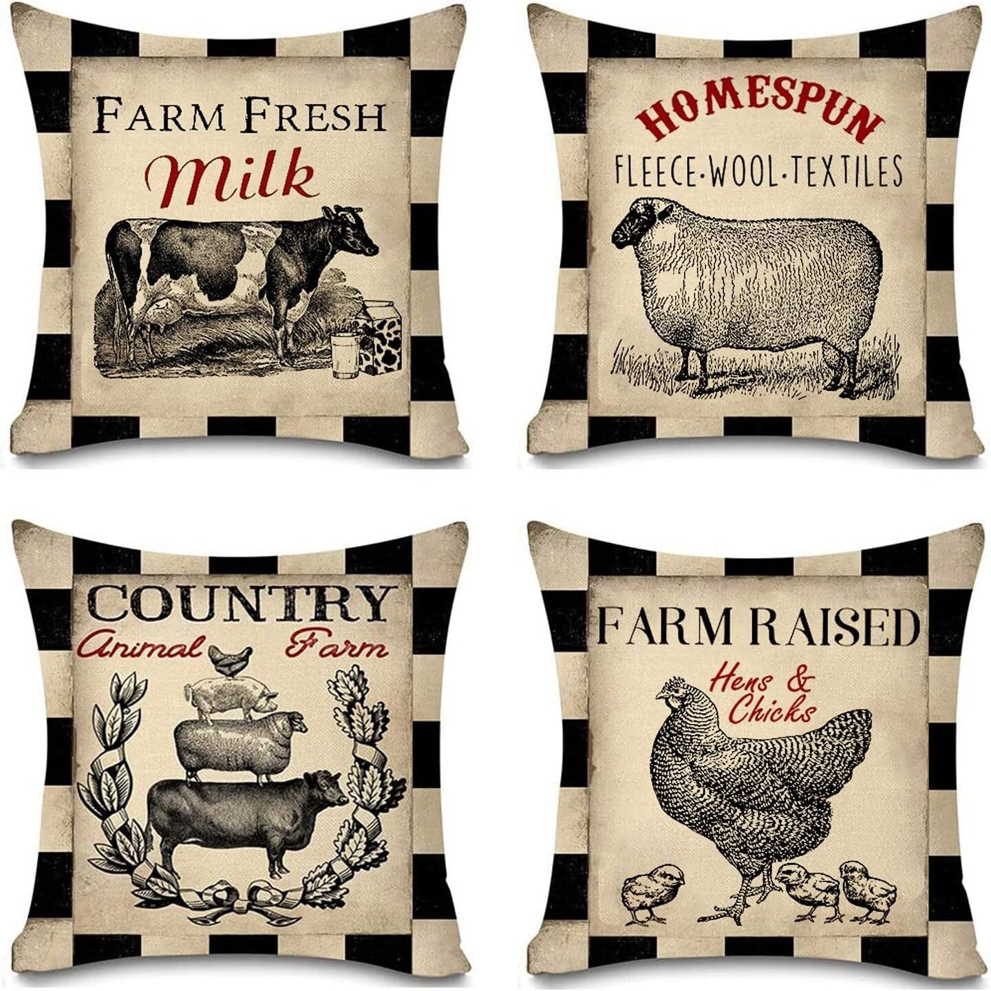 Cozy Farmhouse Throw Pillow Covers 18x18 Set of 4 - Sheep, Chicken, Cow