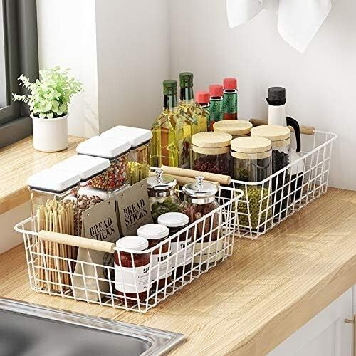 Durable New-White Wire Baskets with Handles - Perfect for Pantry and Closet