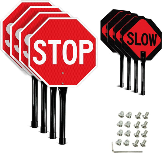 Reflective Aluminum Stop Slow Sign - 13x13 Inches, 4-Pack for Traffic Control
