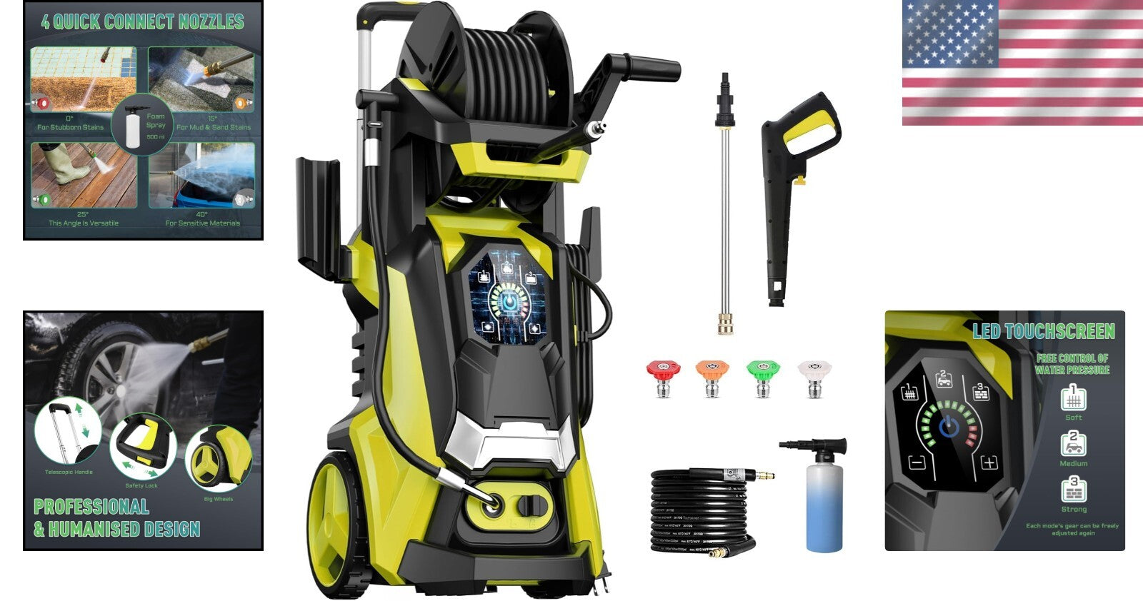 Corded 5000PSI Pressure Washer with Telescopic Handle and 20FT Hose - Yellow