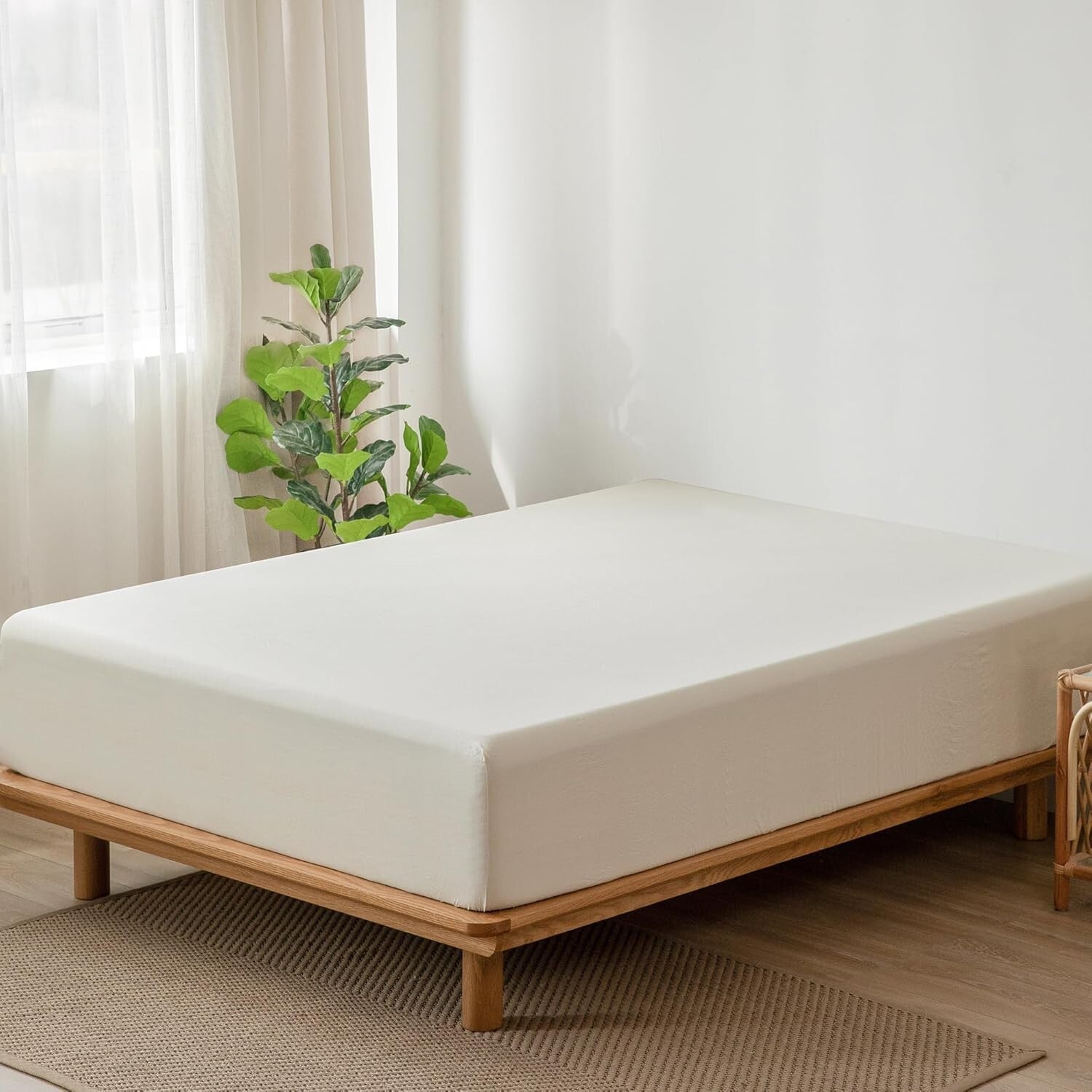 Queen Fitted Bottom Sheet - 100% Washed Cotton, Cream White, 17" Deep Pocket