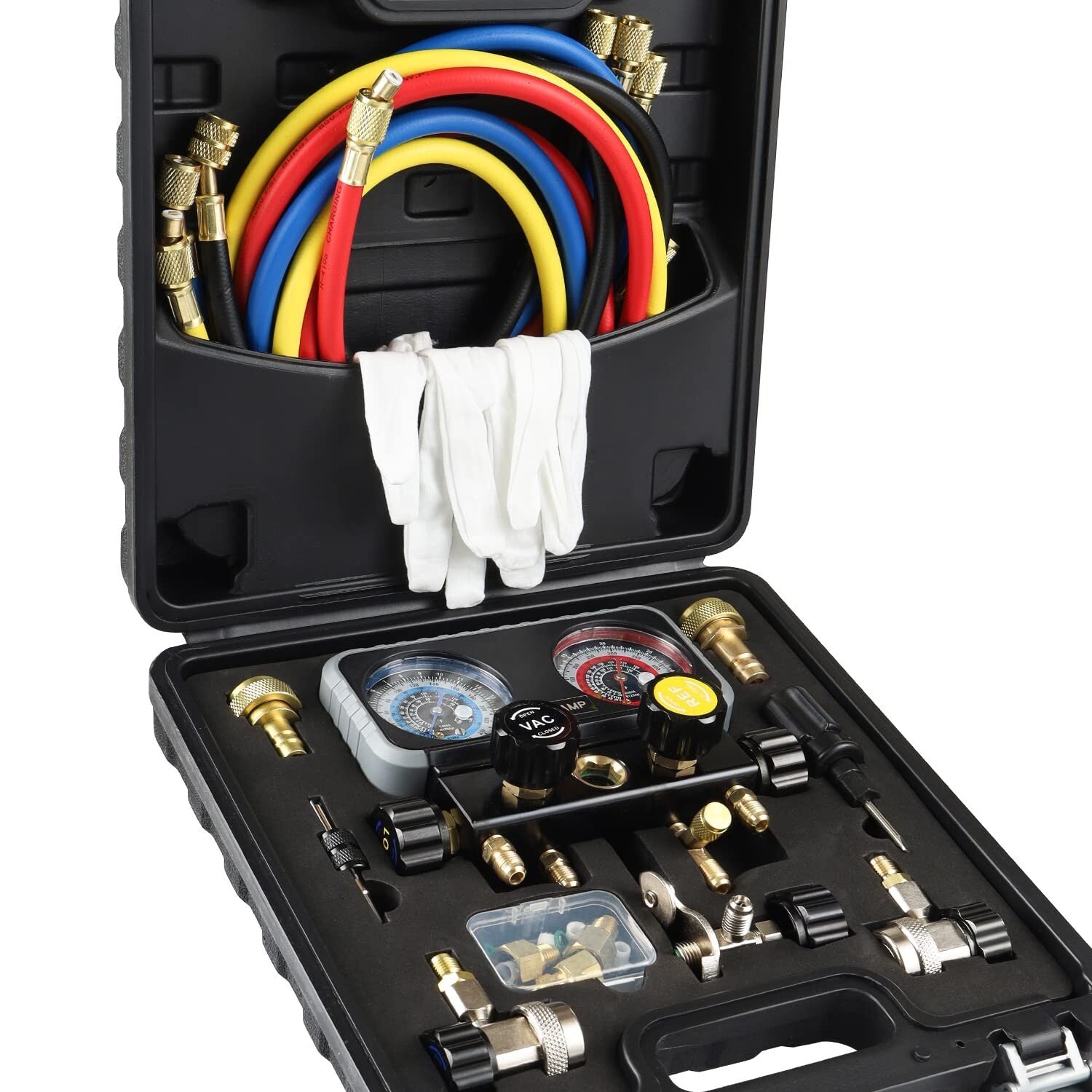 Automotive 4 Valve Manifold A/C Gauge Set – Complete with Essential Accessories