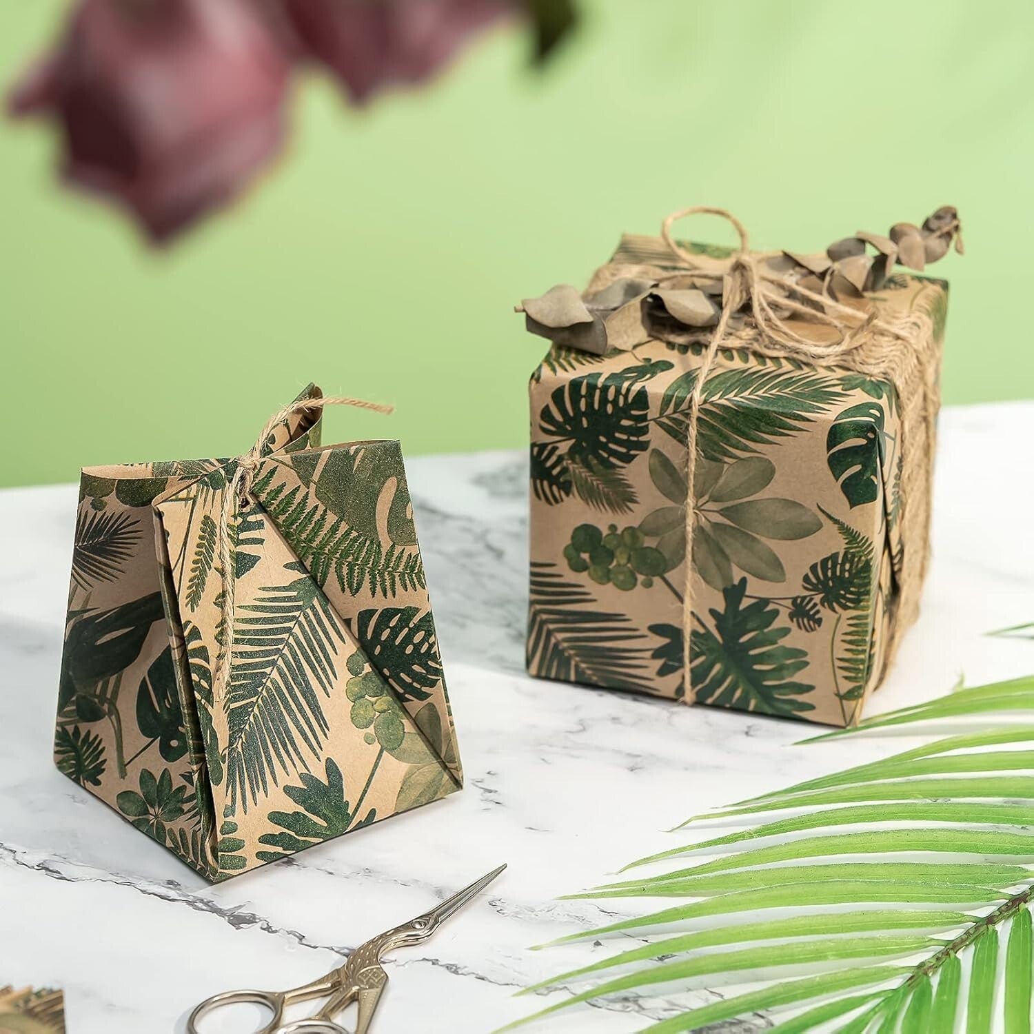Eco-Friendly Kraft Wrapping Paper Roll with Floral Green Leaves - 196 Sq Ft