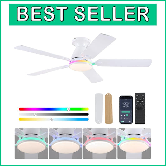 52" RGB Low Profile Ceiling Fan with LED Light & Remote Control - Sleek Design