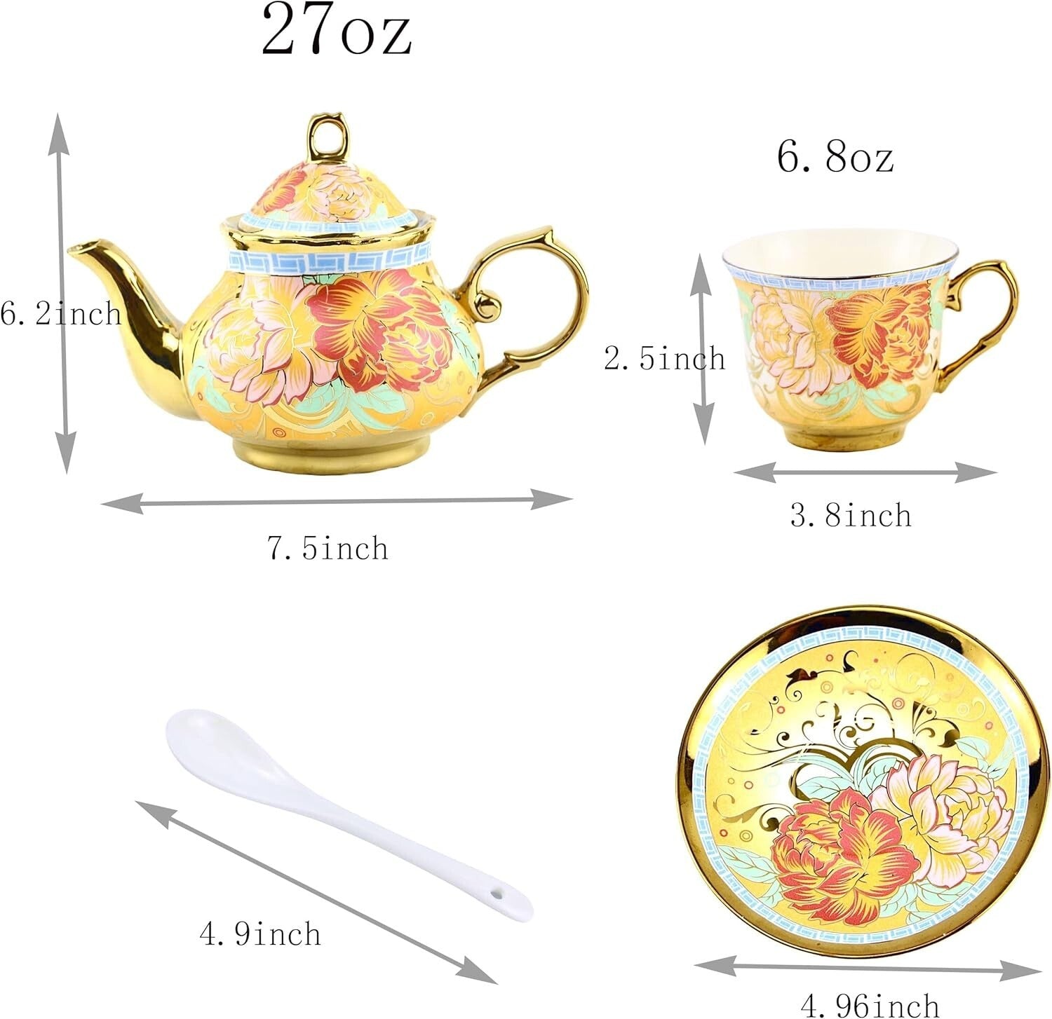 20-Piece European Porcelain Tea Set with Golden Holder - Flower Pattern