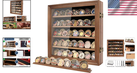 Elegant Military Challenge Coin Display Case with Toughened Glass & Shelves