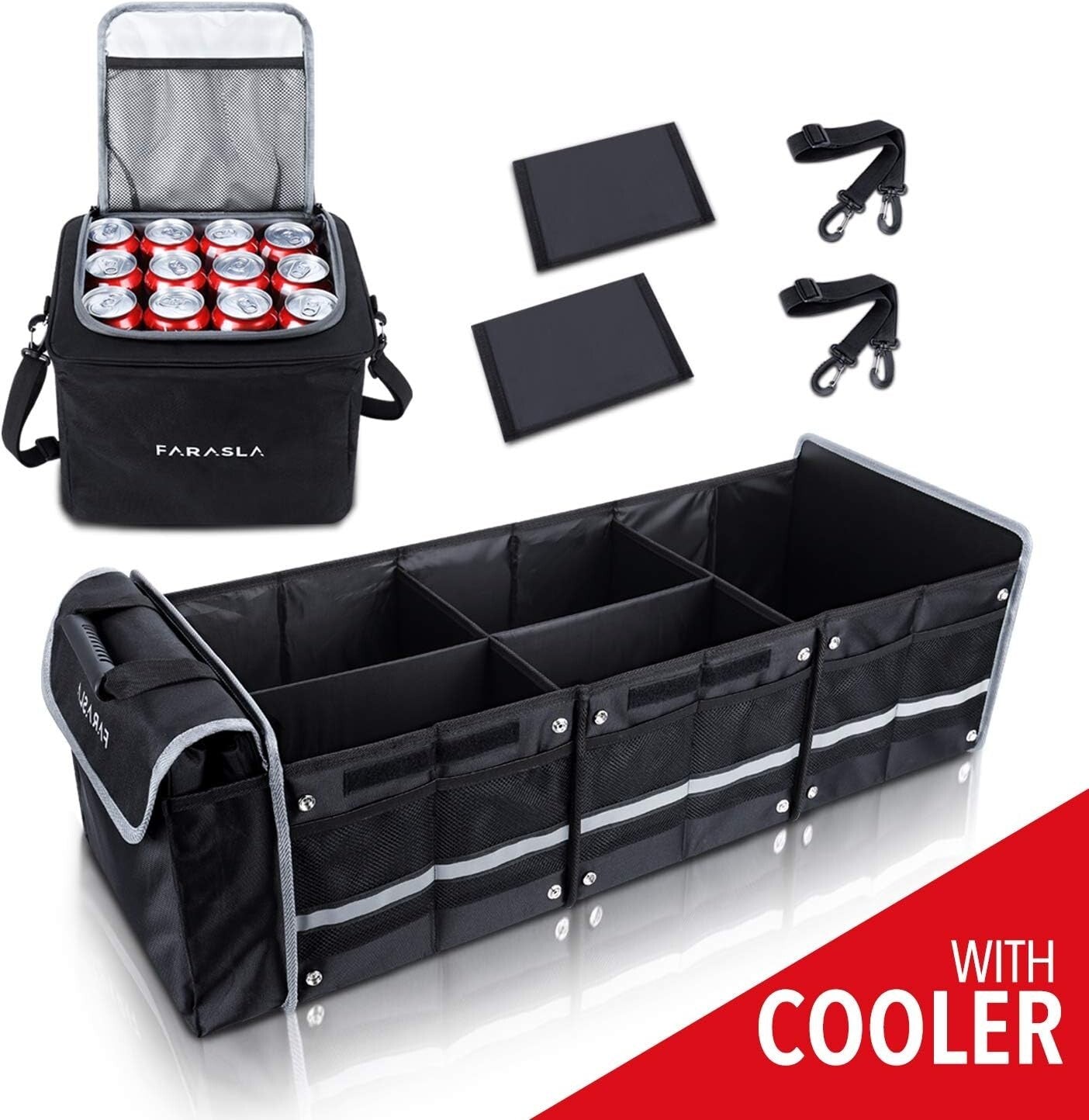 Durable Black Trunk Organizer with Adjustable Straps & Insulated Cooler Bag