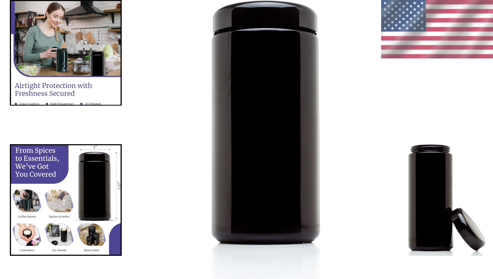 Classic Airtight Glass Jar - 1L UV Black Storage with Screw Top Lid, 3 Pack