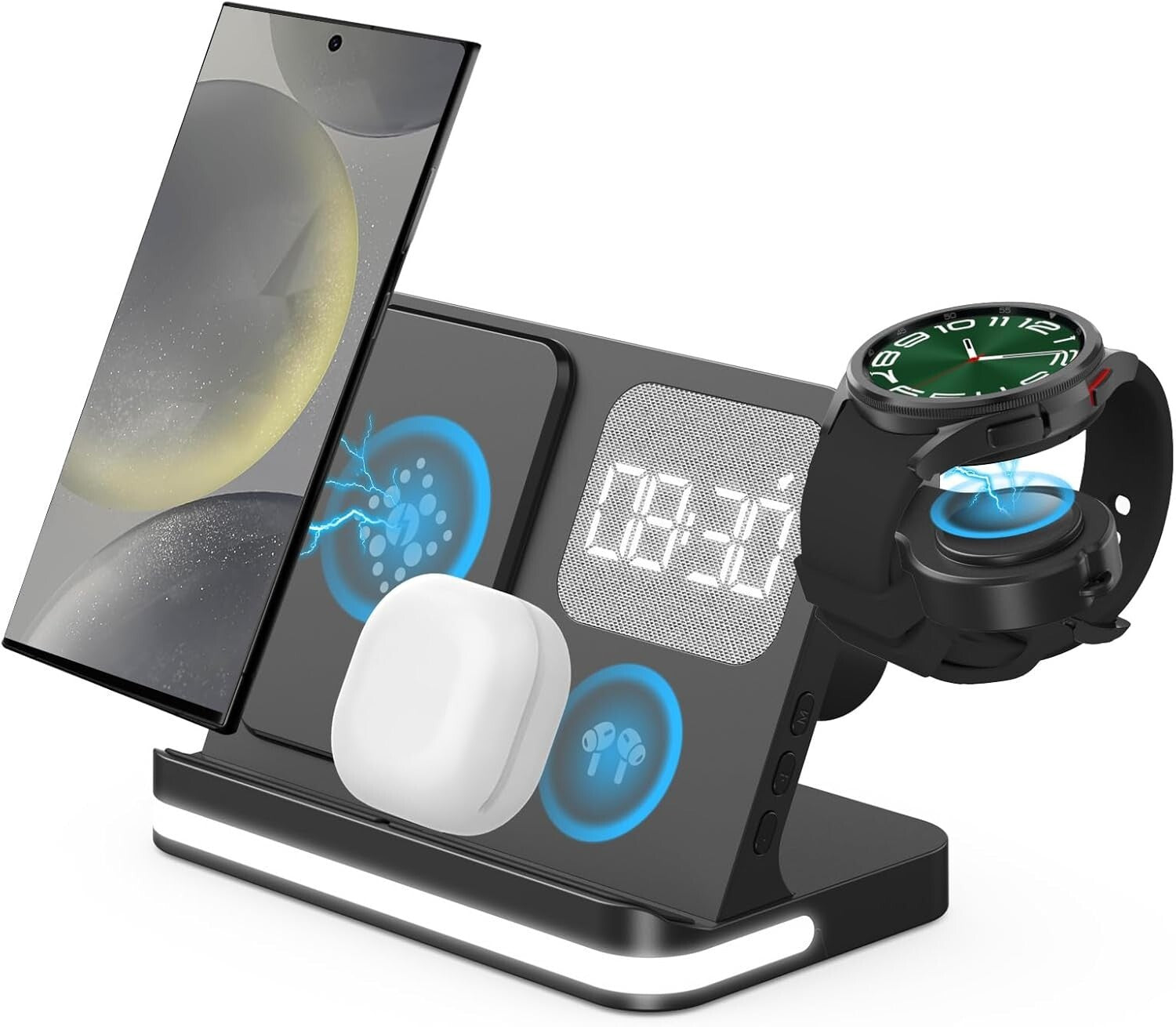 Compact Wireless Charging Station with Alarm Clock for Galaxy Watches/Samsung