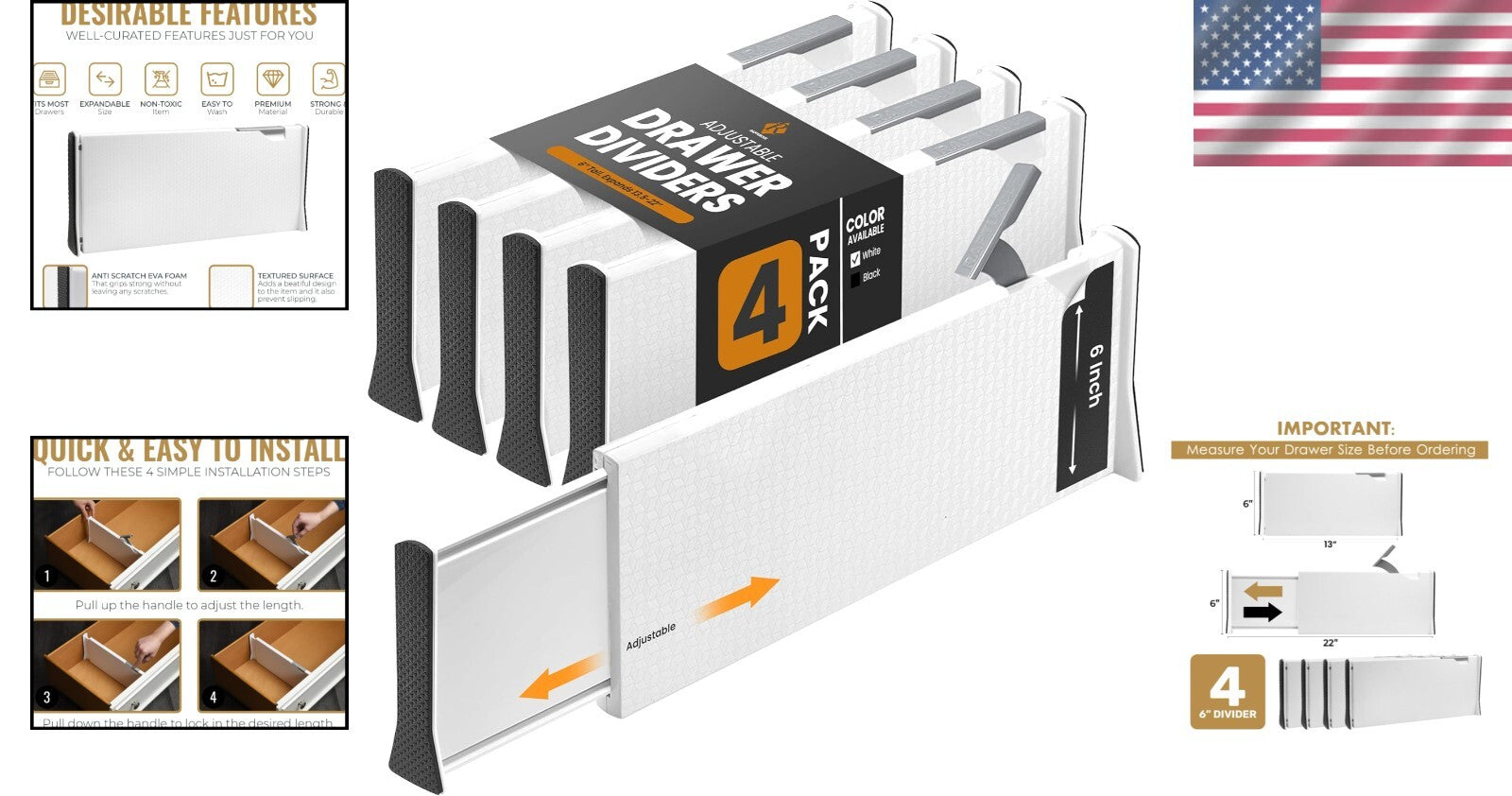 4-Pack Adjustable Deep Drawer Dividers - Expandable 13-22" for Home Organization