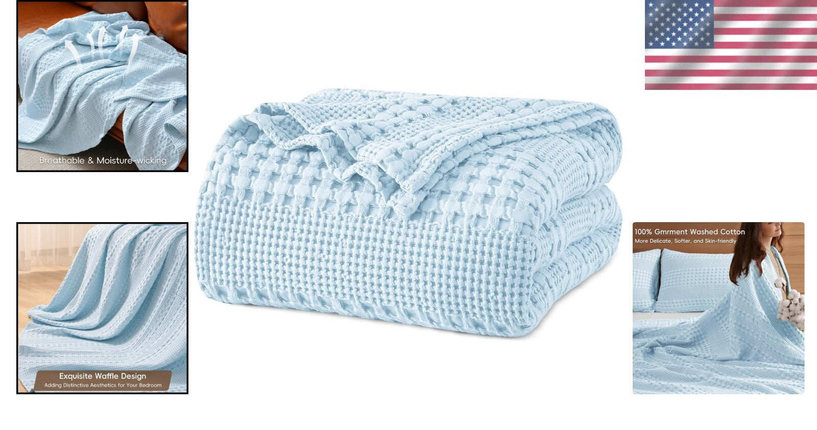 Breathable King Size Waffle Weave Blanket - Lightweight & Cozy in Baby Blue