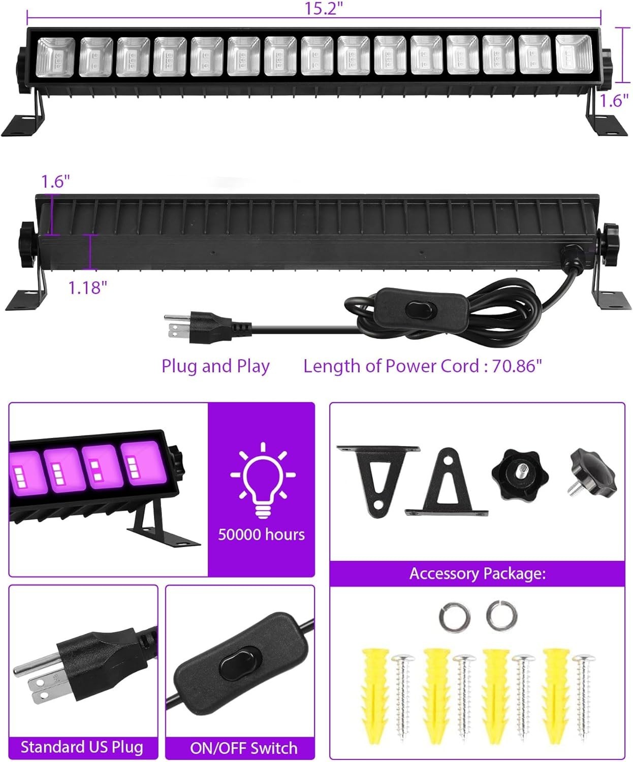 36W Waterproof Black Light Bar Set - Ideal for Games and Fluorescent Art