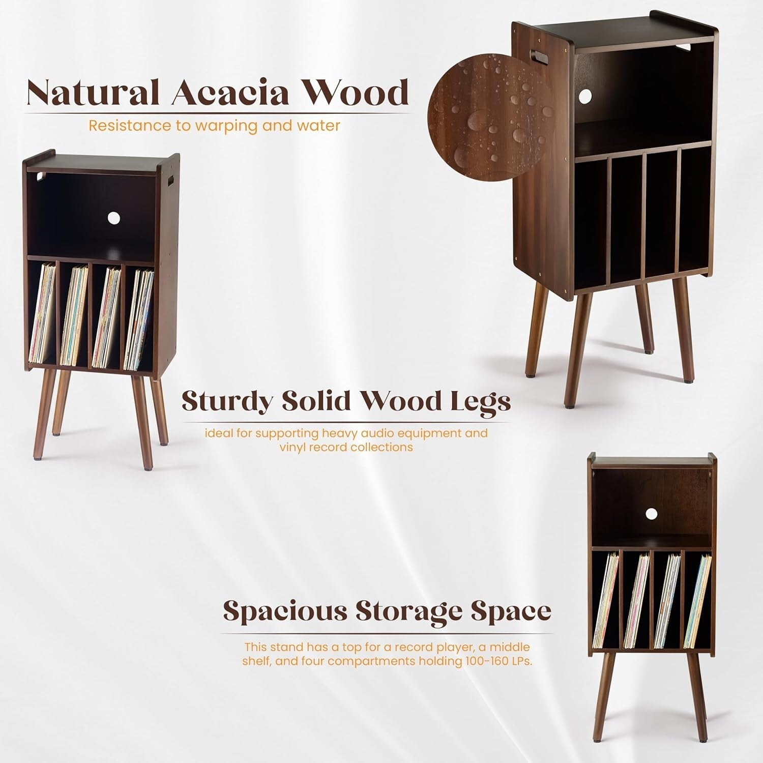 Mid-Century Modern 3-Tier Turntable Stand & Vinyl Storage for 160 Records