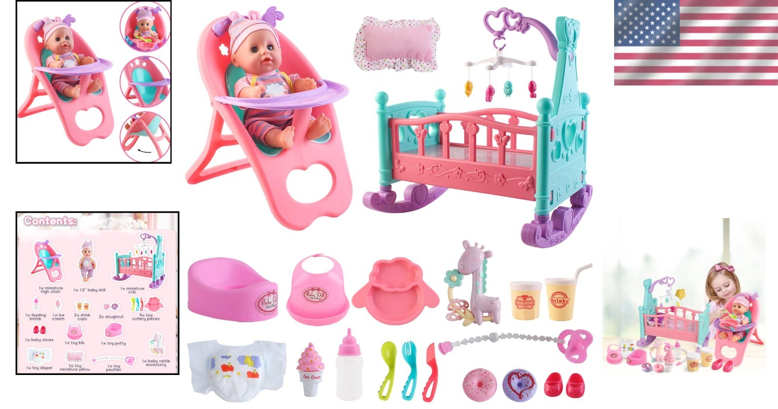 Safe 12” Baby Doll Toy Set with Crib, High Chair & Accessories for Pretend Play